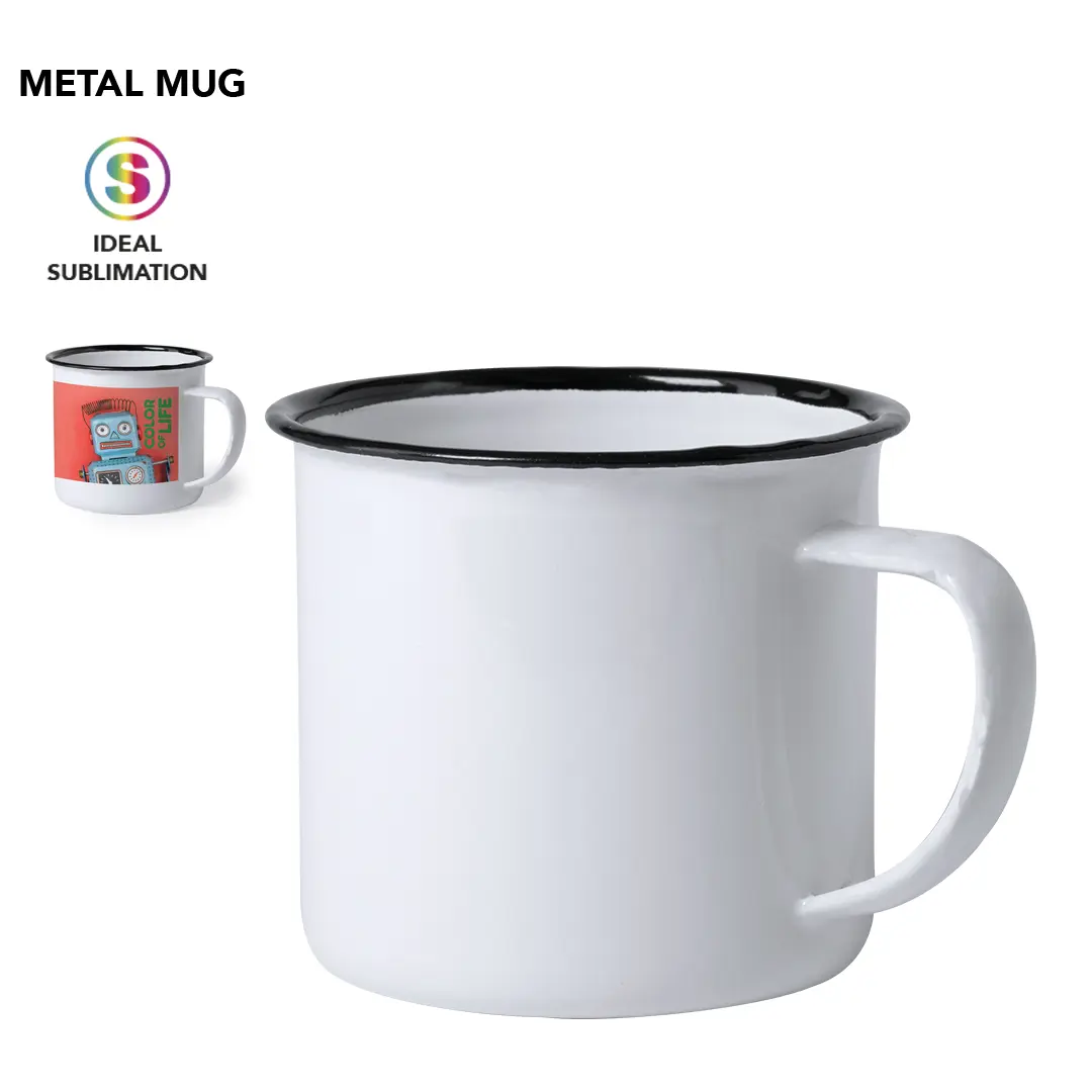 taza metálica esmaltada blanca con borde negro y asa sencilla
