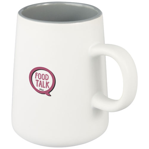 Taza de cerámica blanca con interior gris y bocadillo rosa con el texto Food Talk