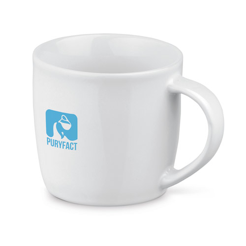 taza blanca con logo azul de Puryfact