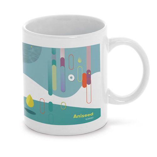 Taza blanca con diseño abstracto en tonos verdes y turquesa y texto Aniseed 93990