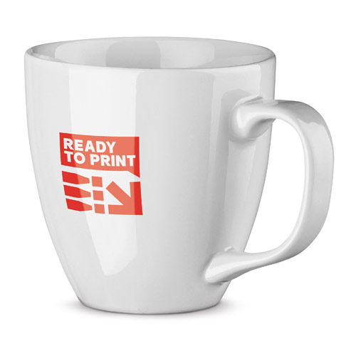 Taza blanca con el logotipo rojo Ready to Print delantero
